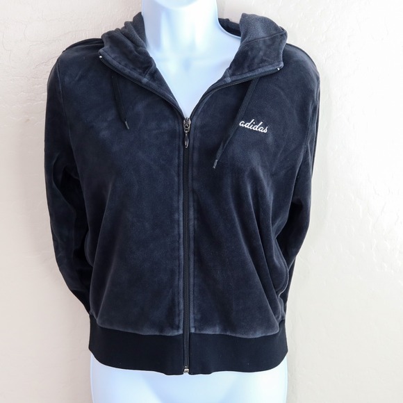 Adidas Y2K Velour Full Zip Hoodie Jacket Black Retro 2000s Women's Medium - Picture 1 of 11